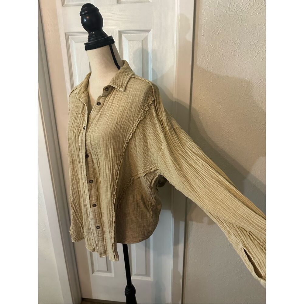 Easel Collared Cotton Long Sleeve Button Up Shirts Tan Size Small cover up - Picture 3 of 8